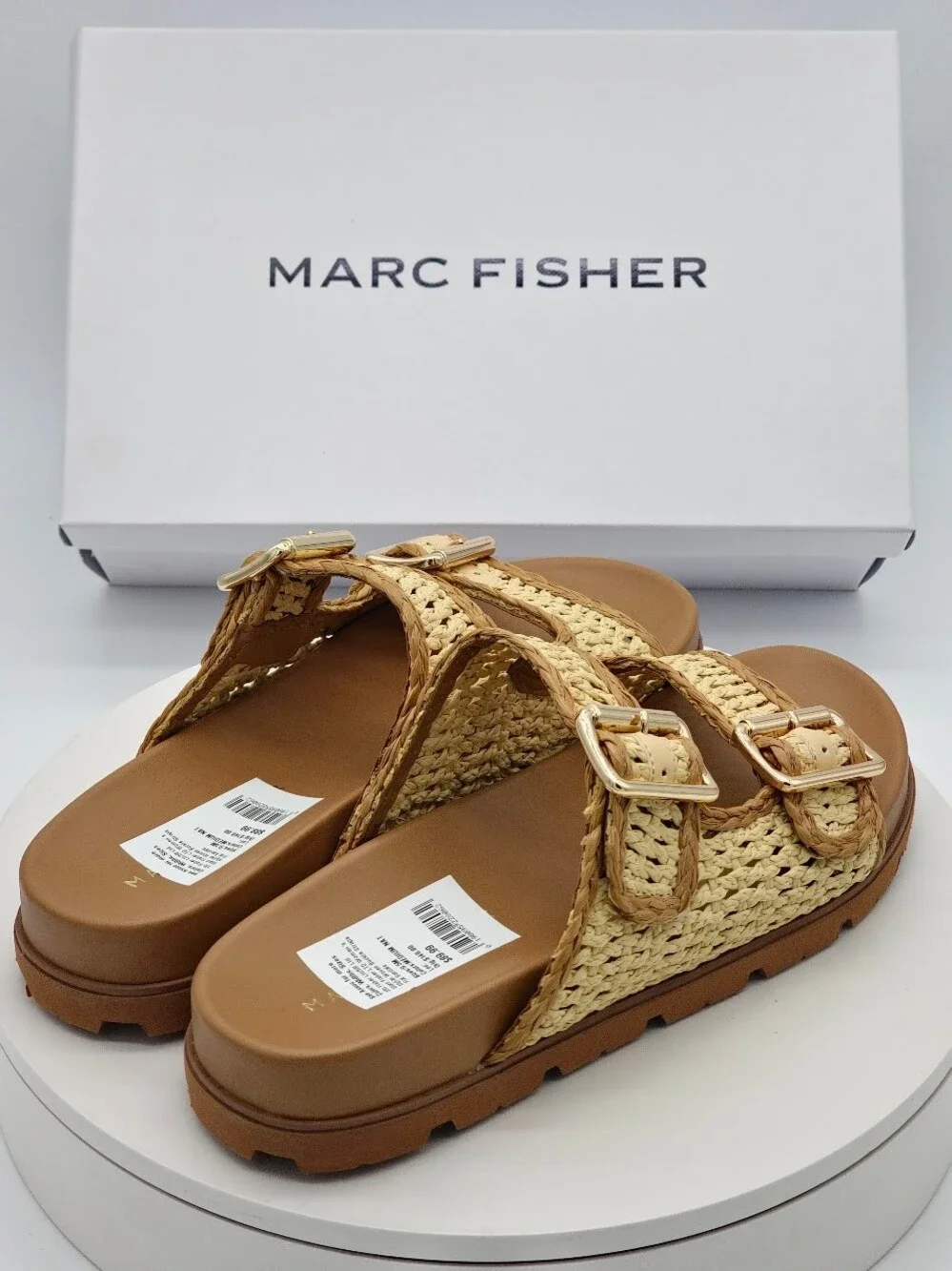 Marc Fisher Mylan Woven Buckle Slide Sandals Women’s Size 9.5 Medium Natural